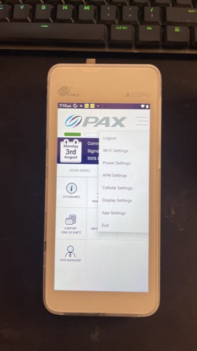 The Payments app menu open, showing Exit at the bottom