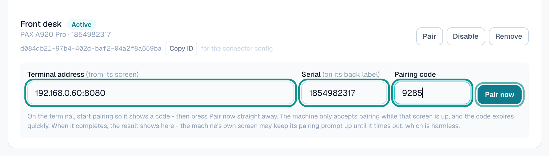 Pair form on the machine row with terminal address, serial and pairing code highlighted