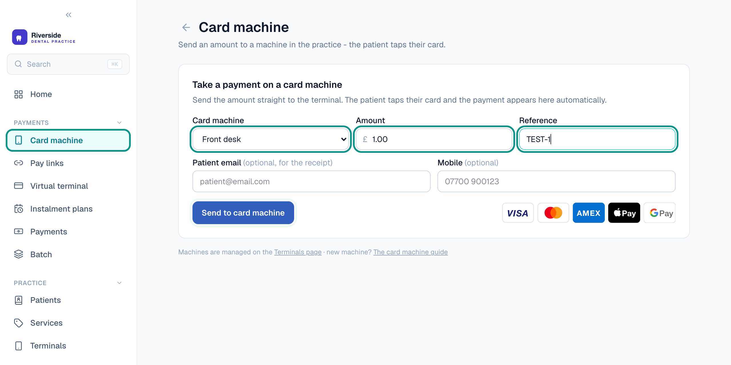 Take a payment on a card machine panel with machine, amount and reference highlighted