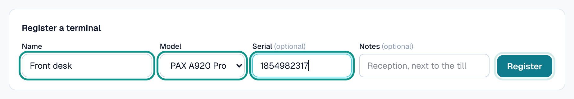 Register a terminal form with name, model and serial highlighted