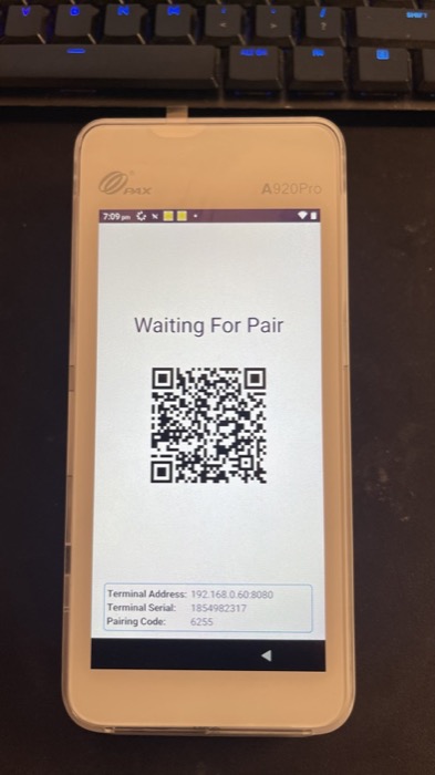 Waiting For Pair screen with Terminal Address, Terminal Serial and Pairing Code