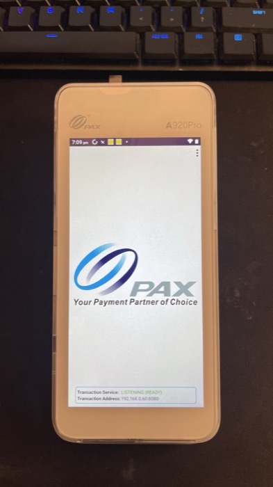 WebLink screen showing Transaction Service LISTENING (READY) and the Transaction Address