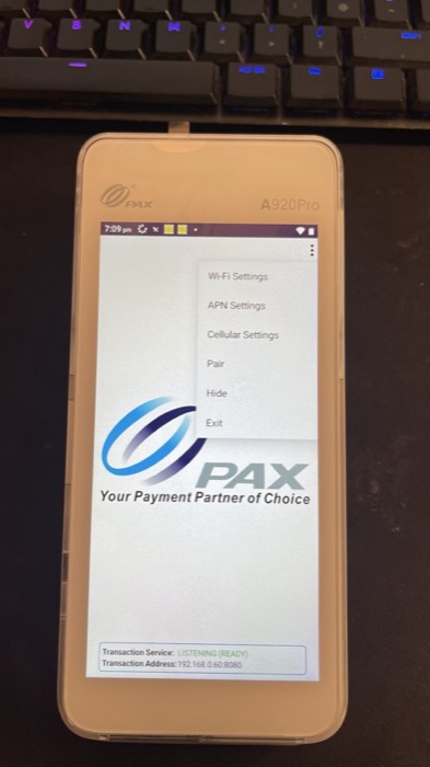 WebLink menu open showing Wi-Fi Settings, APN, Cellular, Pair, Hide and Exit